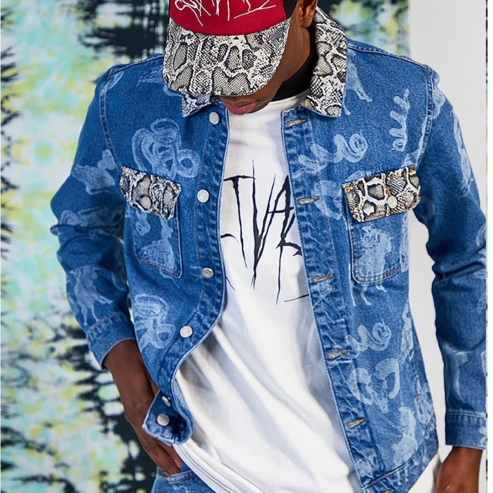 Boohoo Man Blue Denim Jacket with Snake Print Accents